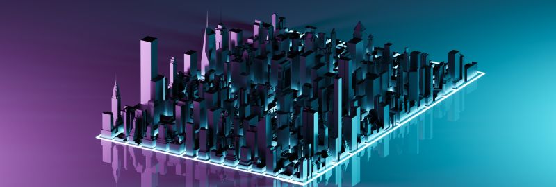 Futuristic cityscape with tall buildings in purple and teal lighting, designed as digital twins application and use case on a floating platform.