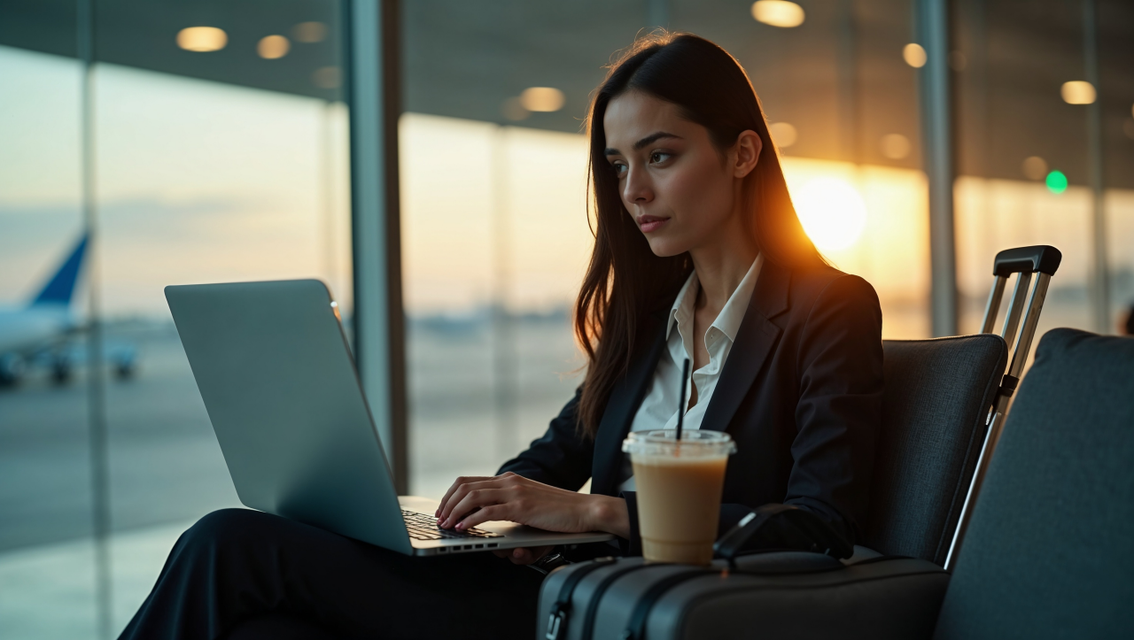 chica en aeropuerto trabajando